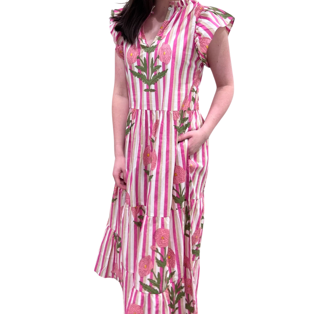The Tinley Pink Floral Stripe Long Dress — view 5