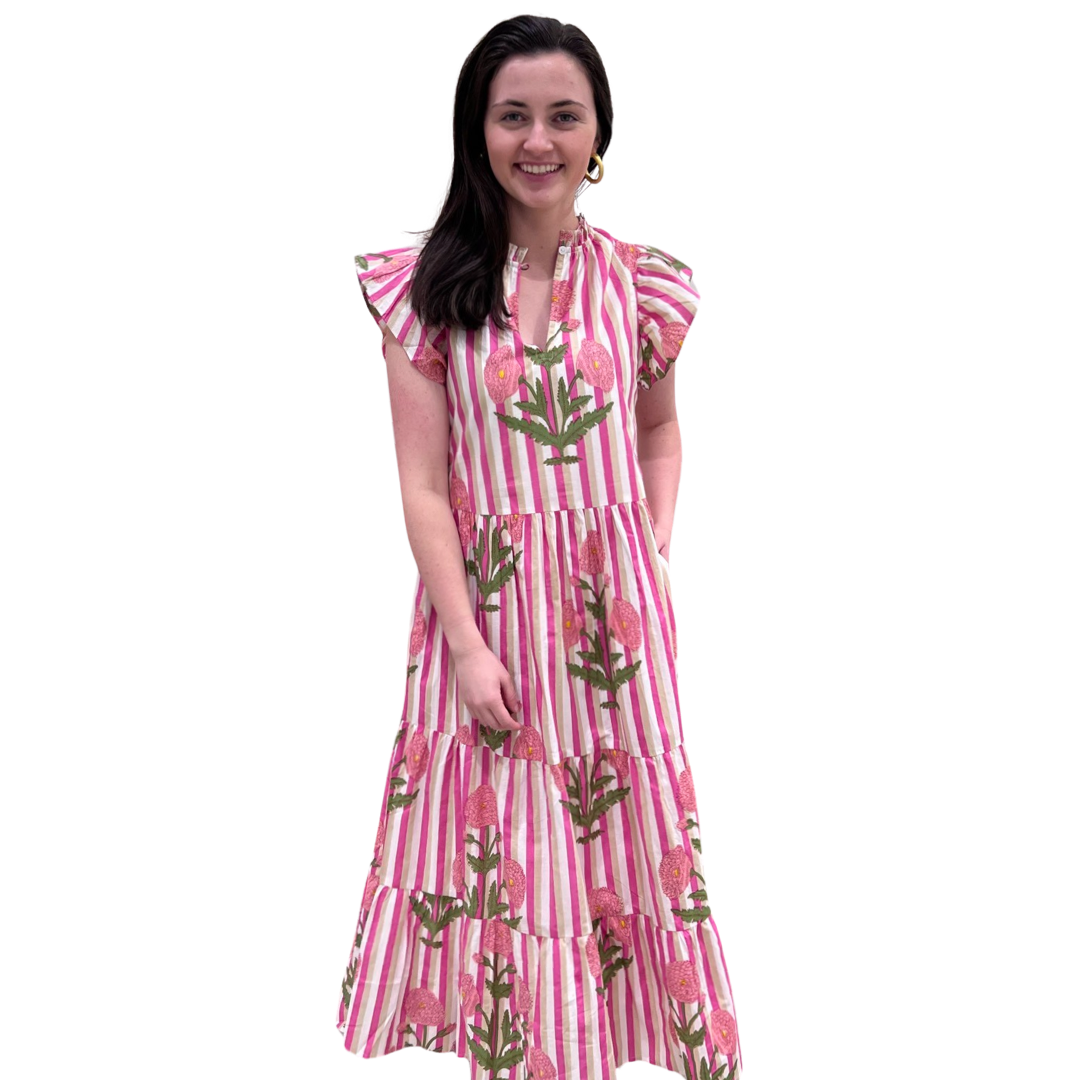 The Tinley Pink Floral Stripe Long Dress