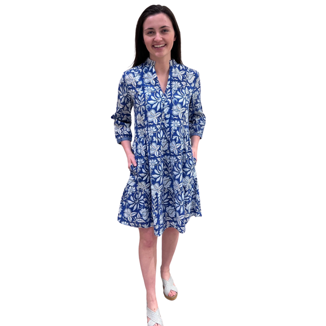 The Genevieve Block Print Cotton Dress in Blue and White Floral