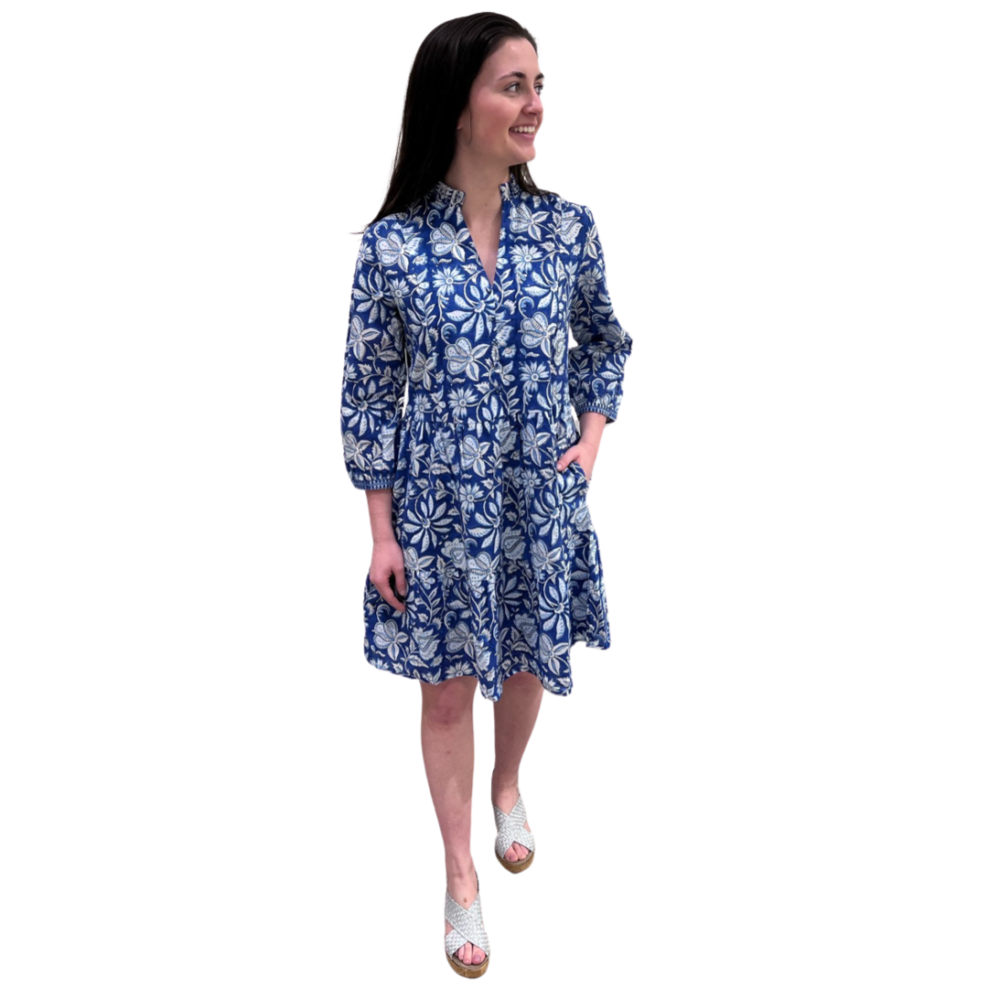 The Genevieve Block Print Cotton Dress in Blue and White Floral — view 2