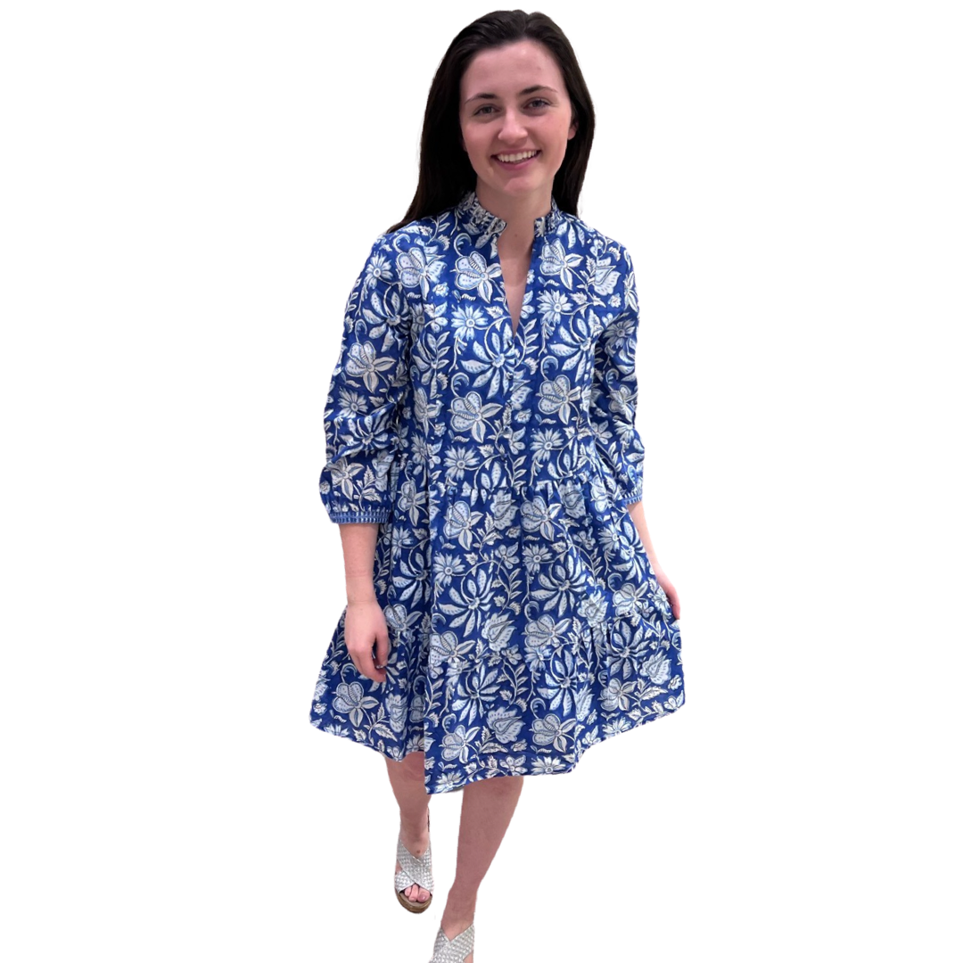 The Genevieve Block Print Cotton Dress in Blue and White Floral — view 3
