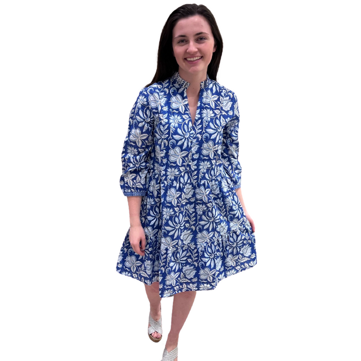 The Genevieve Block Print Cotton Dress in Blue and White Floral — view 3