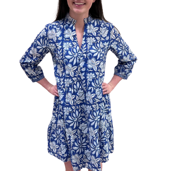 The Genevieve Block Print Cotton Dress in Blue and White Floral — view 4