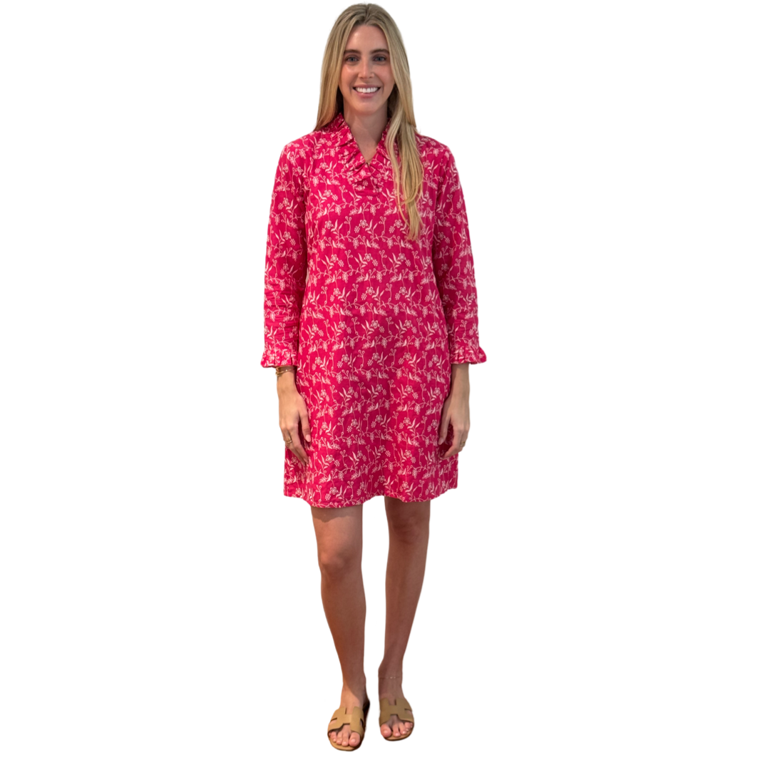 The Pretty in Pink Daley Ruffle Neck Dress in Embroidered Pink and White Cotton — view 4