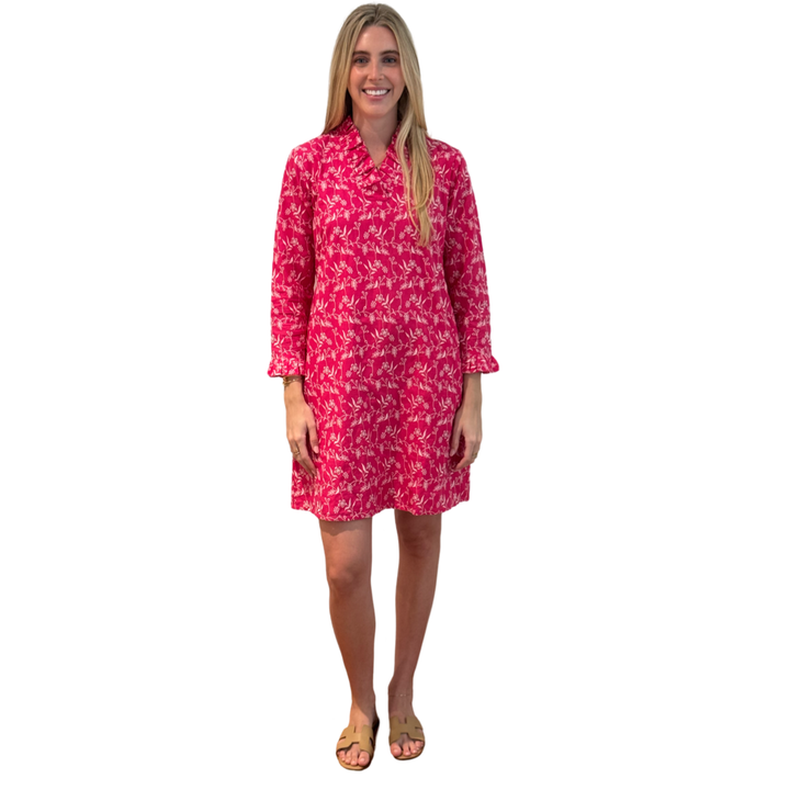 The Pretty in Pink Daley Ruffle Neck Dress in Embroidered Pink and White Cotton — view 4