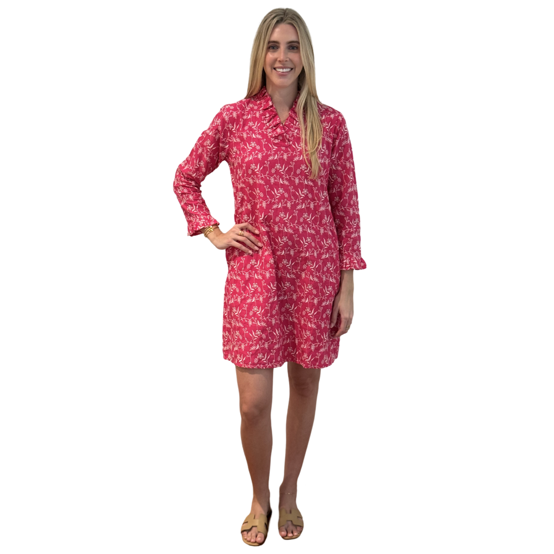 The Pretty in Pink Daley Ruffle Neck Dress in Embroidered Pink and White Cotton — view 3