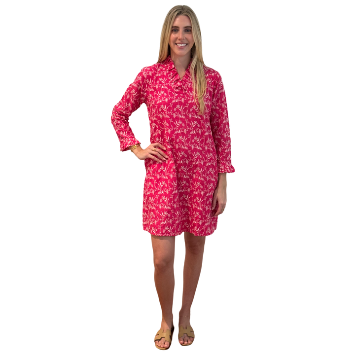 The Pretty in Pink Daley Ruffle Neck Dress in Embroidered Pink and White Cotton — view 3