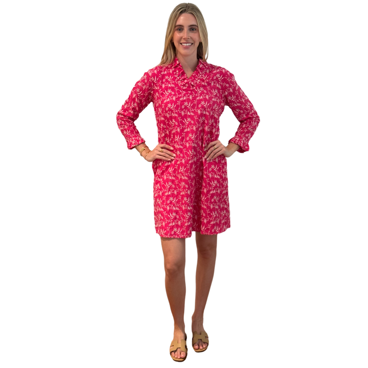 The Pretty in Pink Daley Ruffle Neck Dress in Embroidered Pink and White Cotton