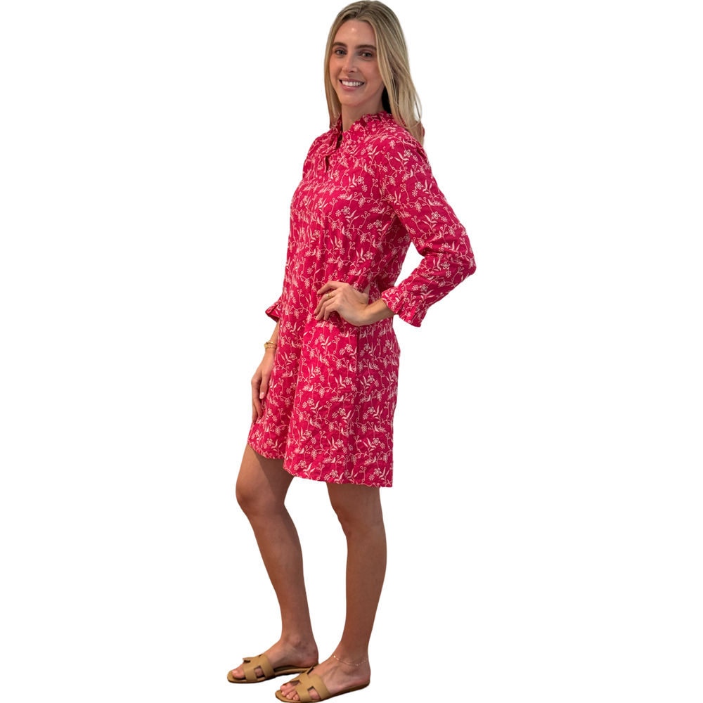 The Pretty in Pink Daley Ruffle Neck Dress in Embroidered Pink and White Cotton — view 2
