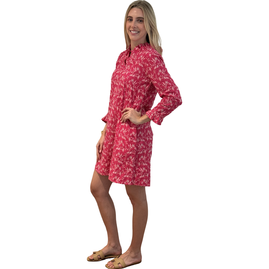 The Pretty in Pink Daley Ruffle Neck Dress in Embroidered Pink and White Cotton — view 2