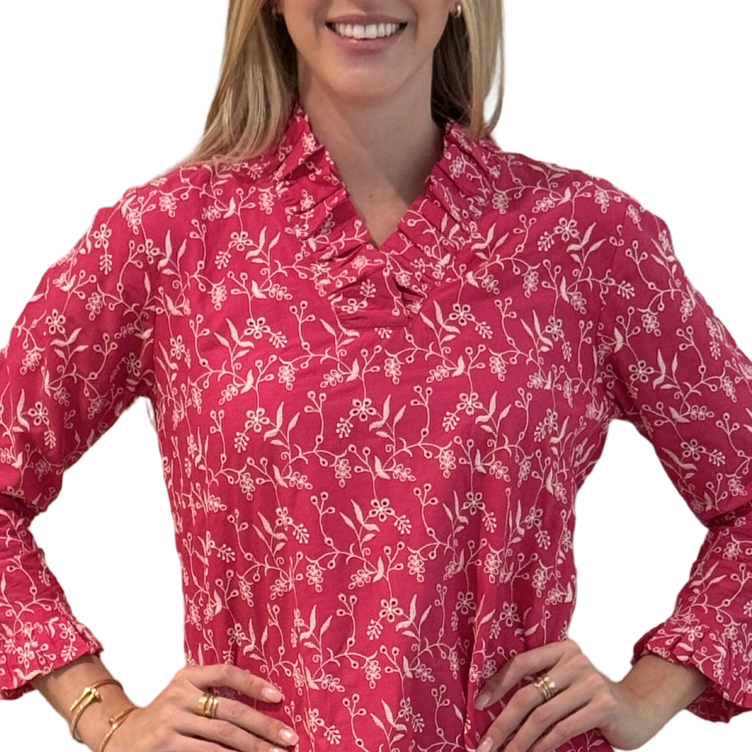 The Pretty in Pink Daley Ruffle Neck Dress in Embroidered Pink and White Cotton — view 5