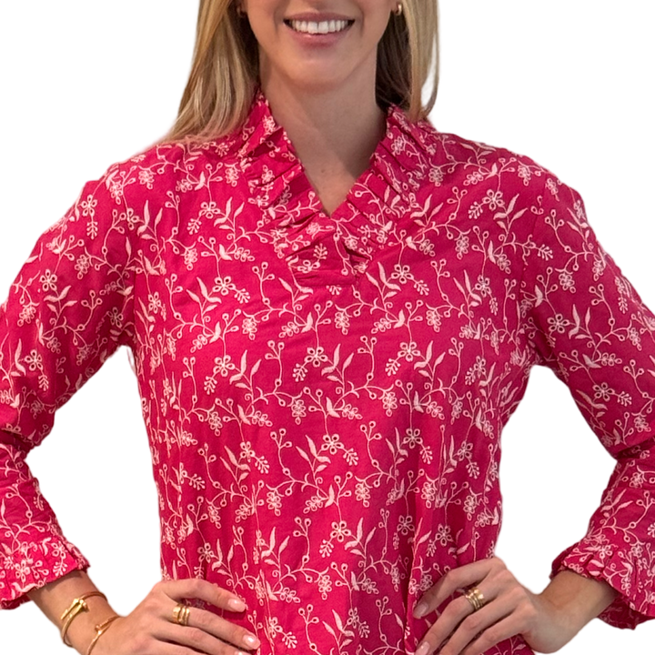 The Pretty in Pink Daley Ruffle Neck Dress in Embroidered Pink and White Cotton — view 5