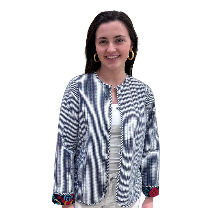 The Madeline Quilted Hand Block Printed Jacket in Turquoise Cheetah Print — view 4