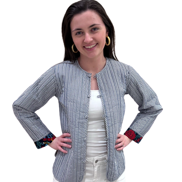 The Madeline Quilted Hand Block Printed Jacket in Turquoise Cheetah Print — view 3