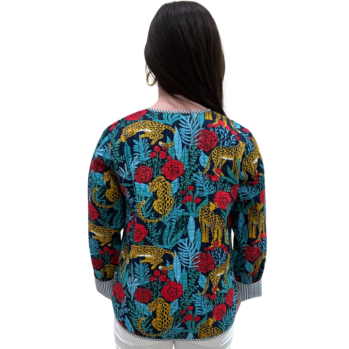 The Madeline Quilted Hand Block Printed Jacket in Turquoise Cheetah Print — view 5
