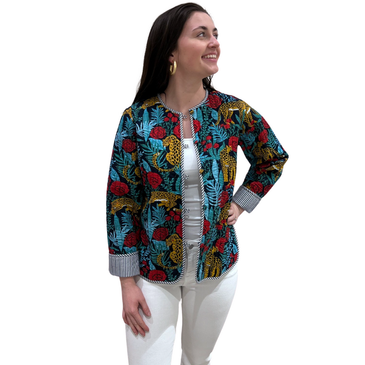 The Madeline Quilted Hand Block Printed Jacket in Turquoise Cheetah Print — view 2