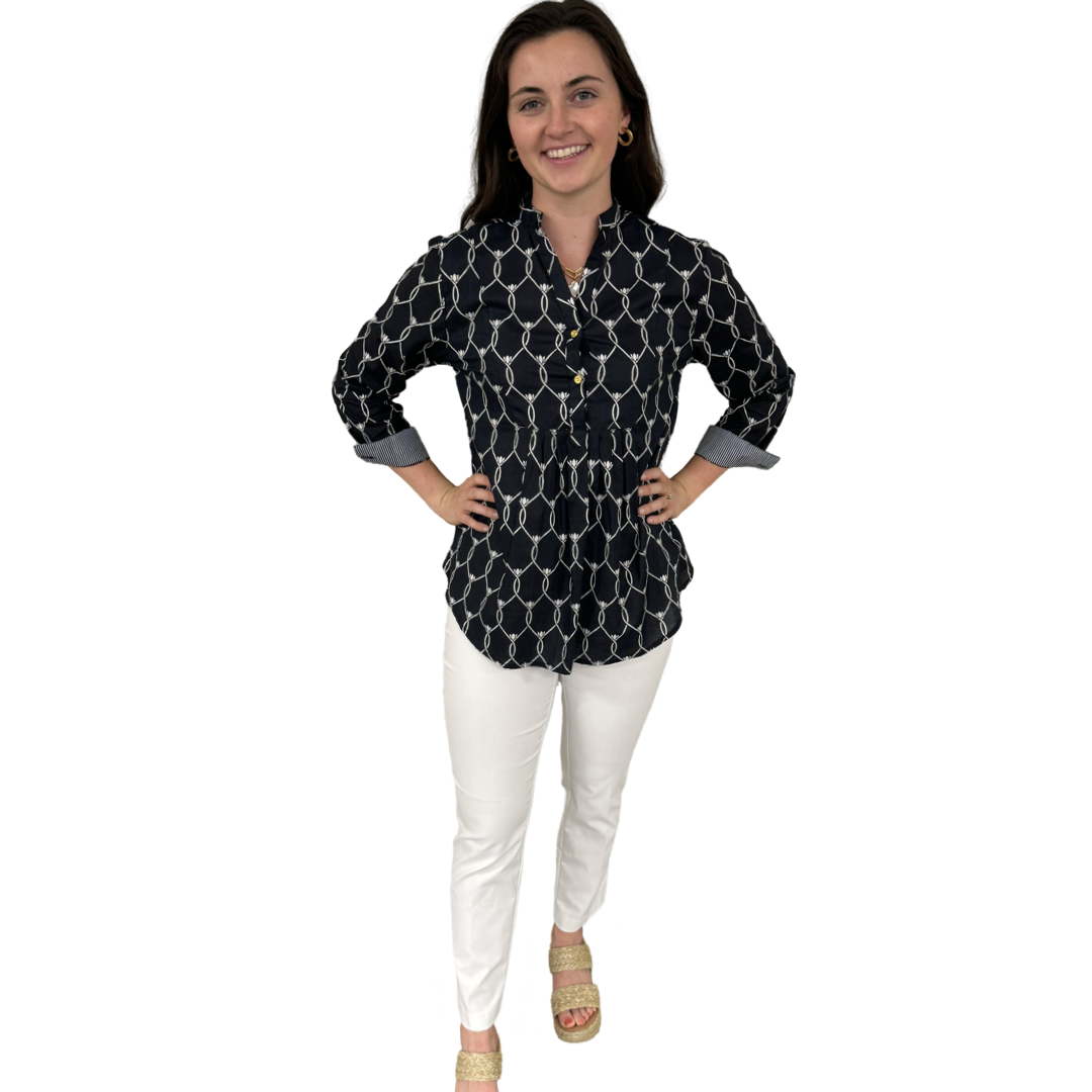 The Elliott Cotton Button Front Top in Black and White
