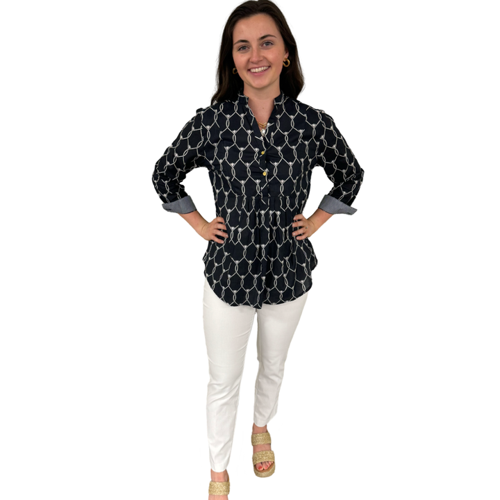 The Elliott Cotton Button Front Top in Black and White
