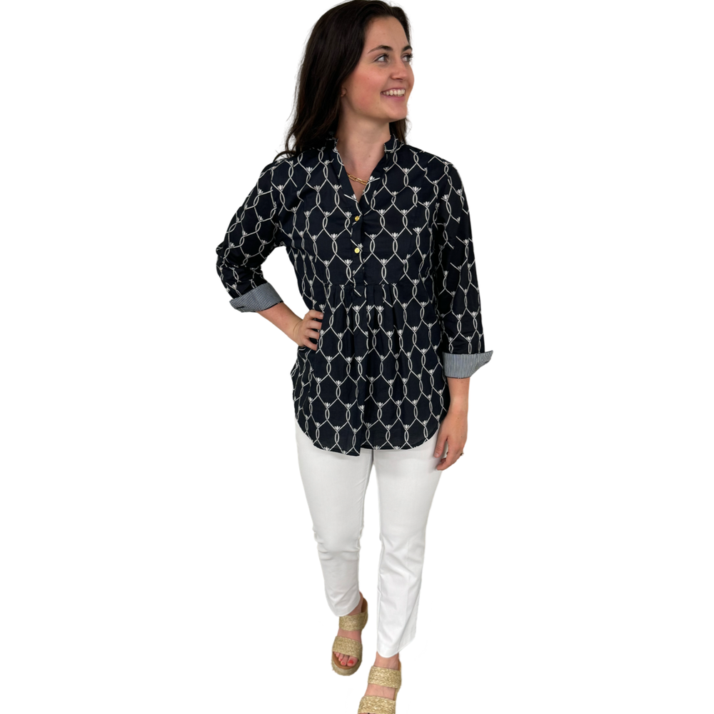 The Elliott Cotton Button Front Top in Black and White — view 2