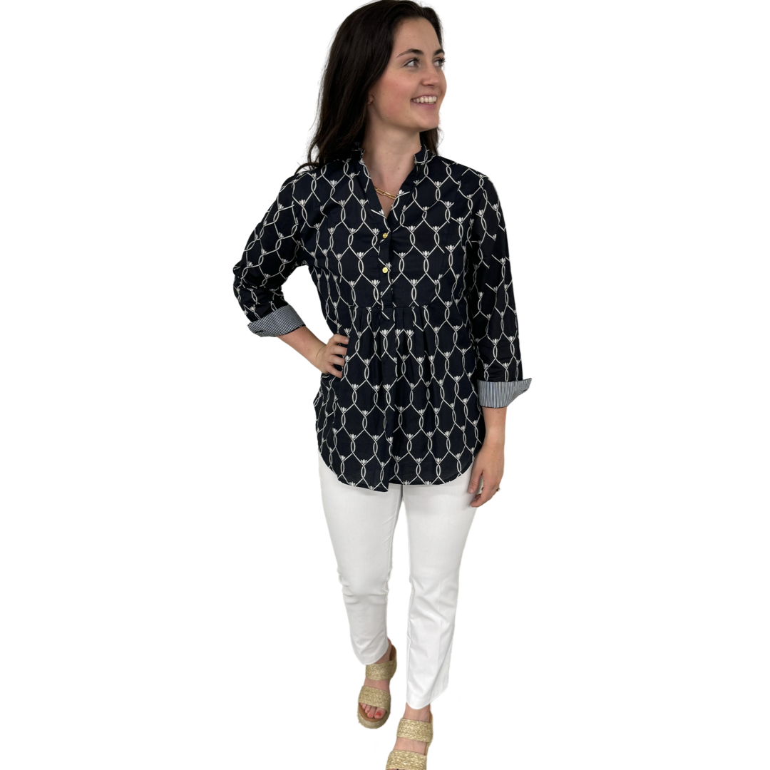 The Elliott Cotton Button Front Top in Black and White — view 2