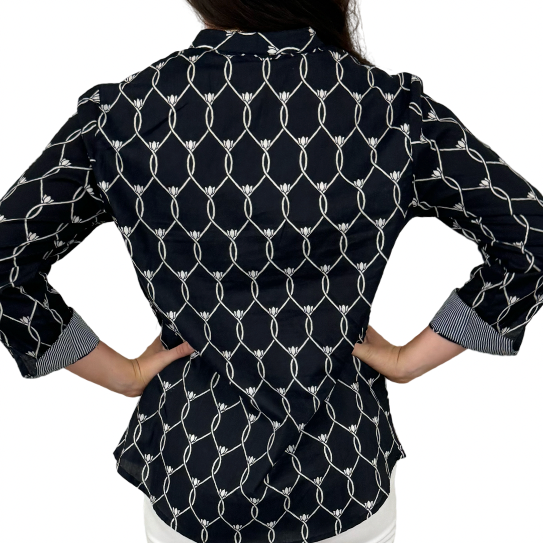 The Elliott Cotton Button Front Top in Black and White — view 3