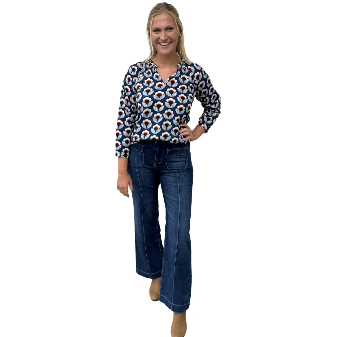 The Dahlia Smocked Neck Top in Navy and Orange Floral — view 12