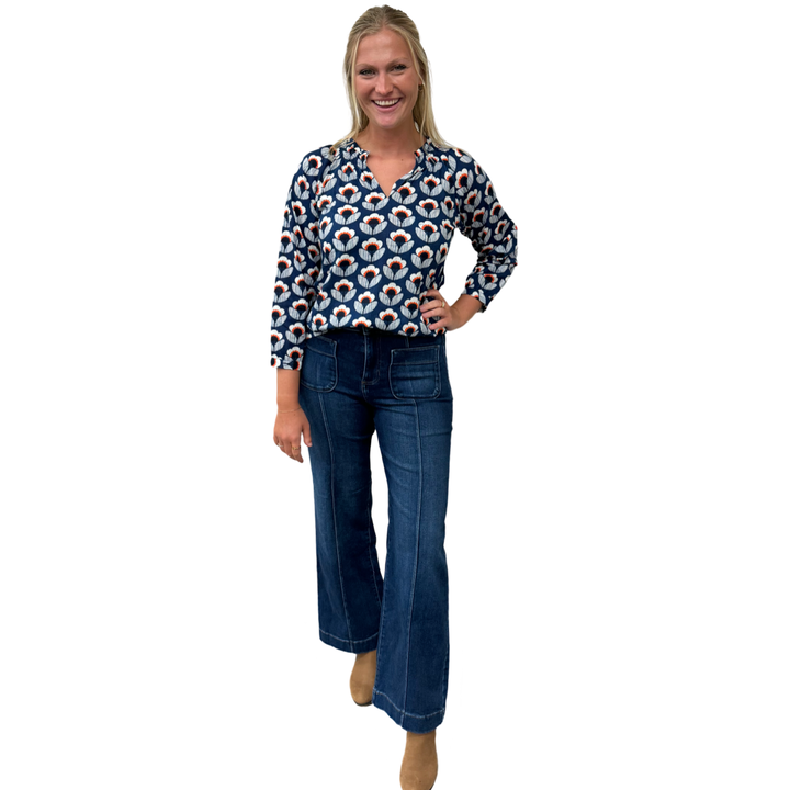 The Dahlia Smocked Neck Top in Navy and Orange Floral — view 12