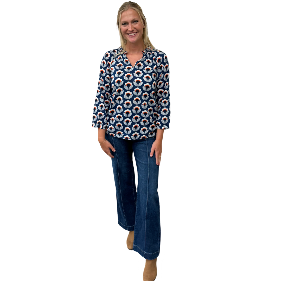 The Dahlia Smocked Neck Top in Navy and Orange Floral — view 11