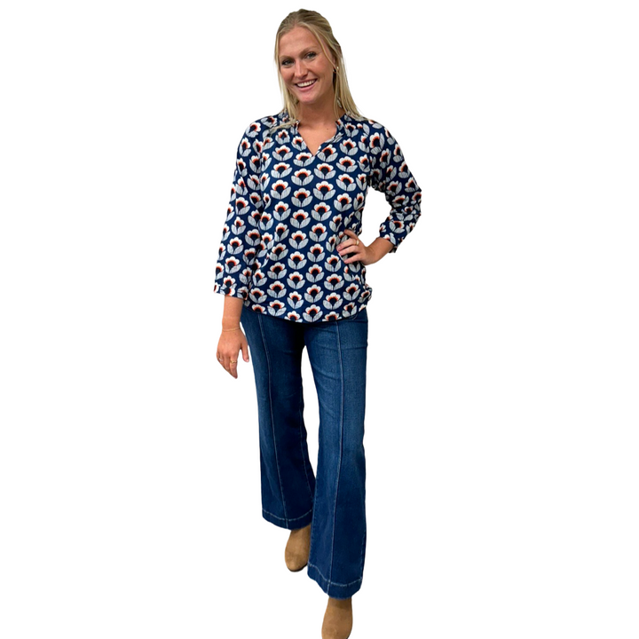 The Dahlia Smocked Neck Top in Navy and Orange Floral — view 10