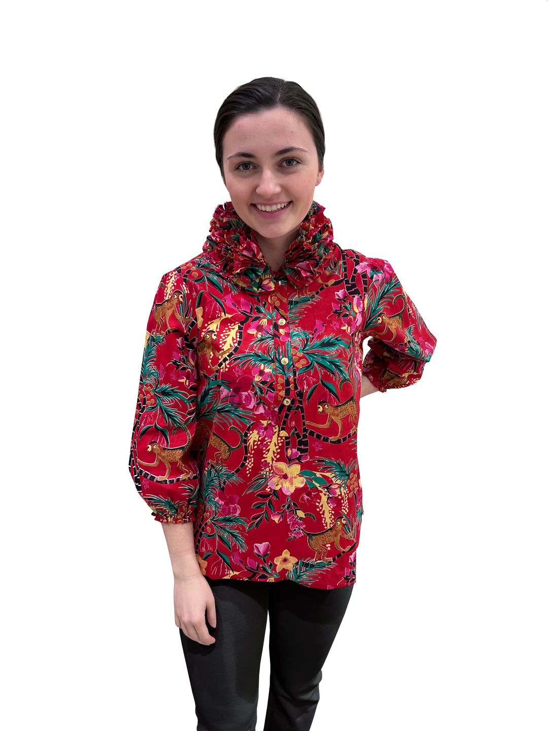 The Maria Ruffle Neck Blouse in Red Monkey Business Cotton — view 7