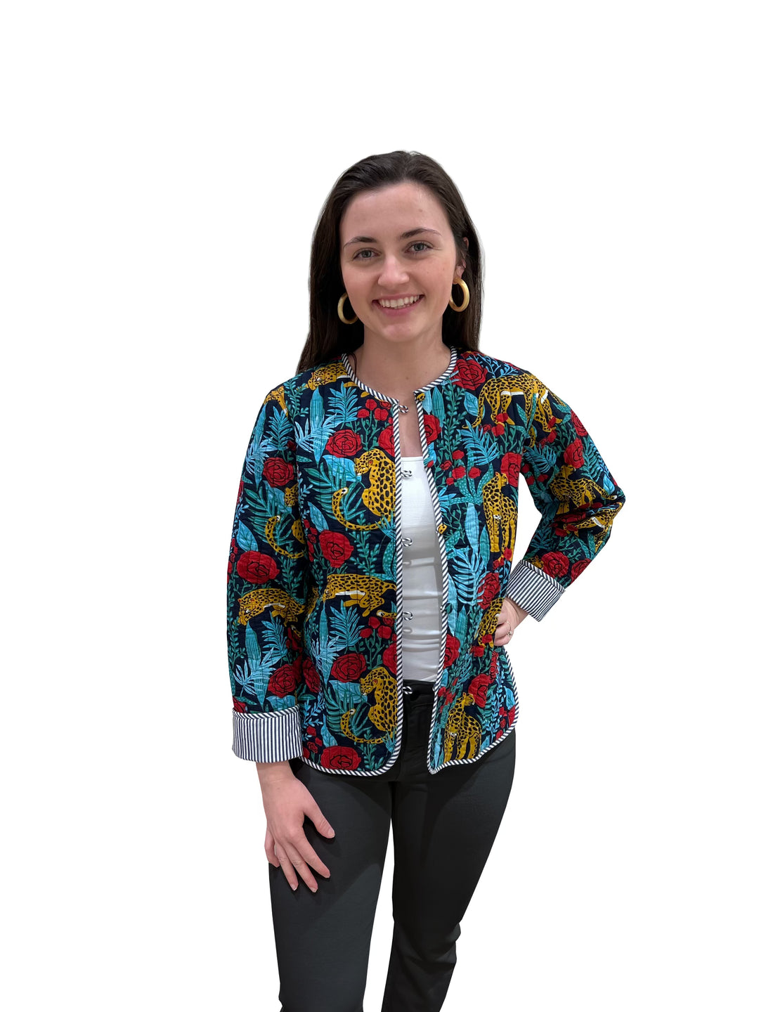 The Madeline Quilted Hand Block Printed Jacket in Turquoise Cheetah Print