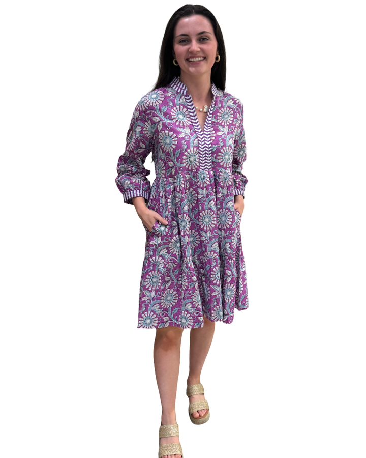 The Naomi Hand Block Printed Floral Dress in Purple White — view 4
