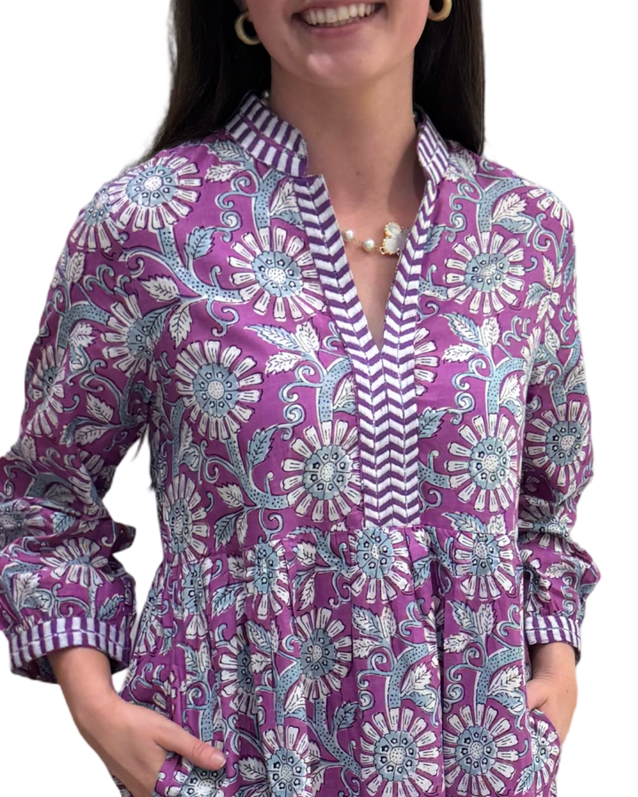 The Naomi Hand Block Printed Floral Dress in Purple White — view 5