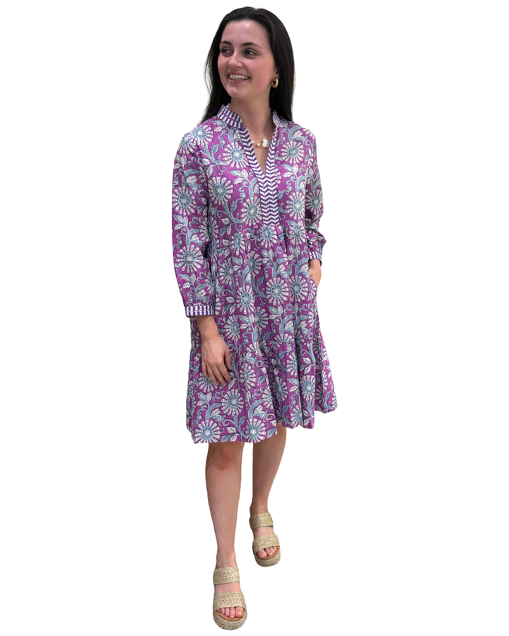 The Naomi Hand Block Printed Floral Dress in Purple White — view 6