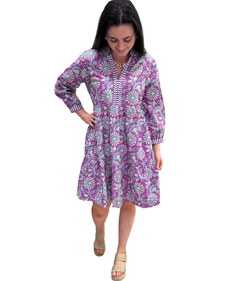 The Naomi Hand Block Printed Floral Dress in Purple White — view 3