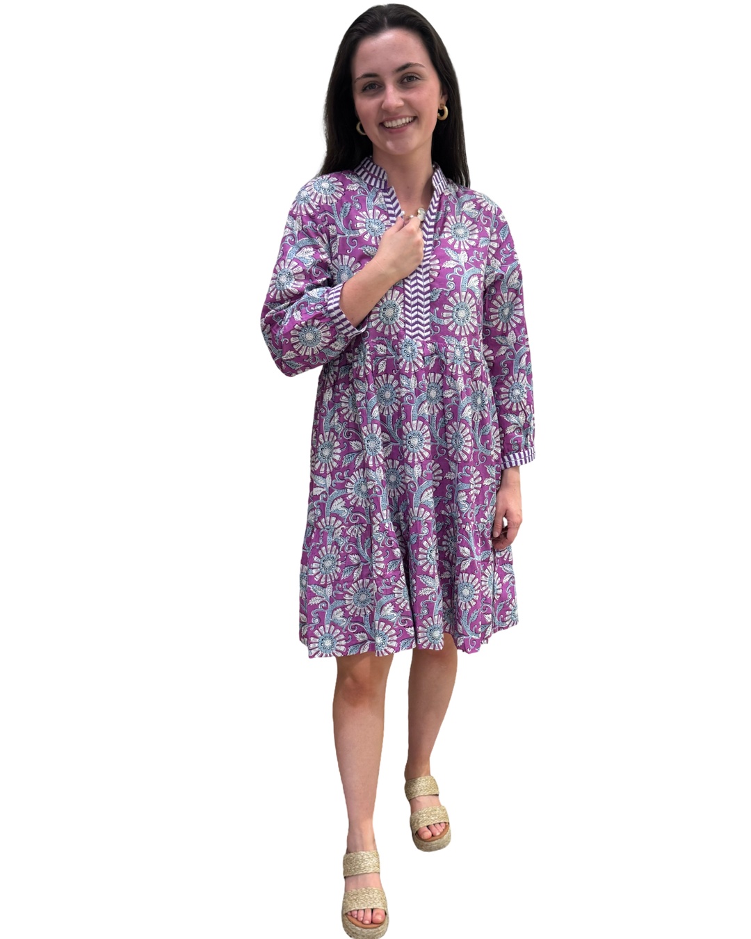 The Naomi Hand Block Printed Floral Dress in Purple White — view 7