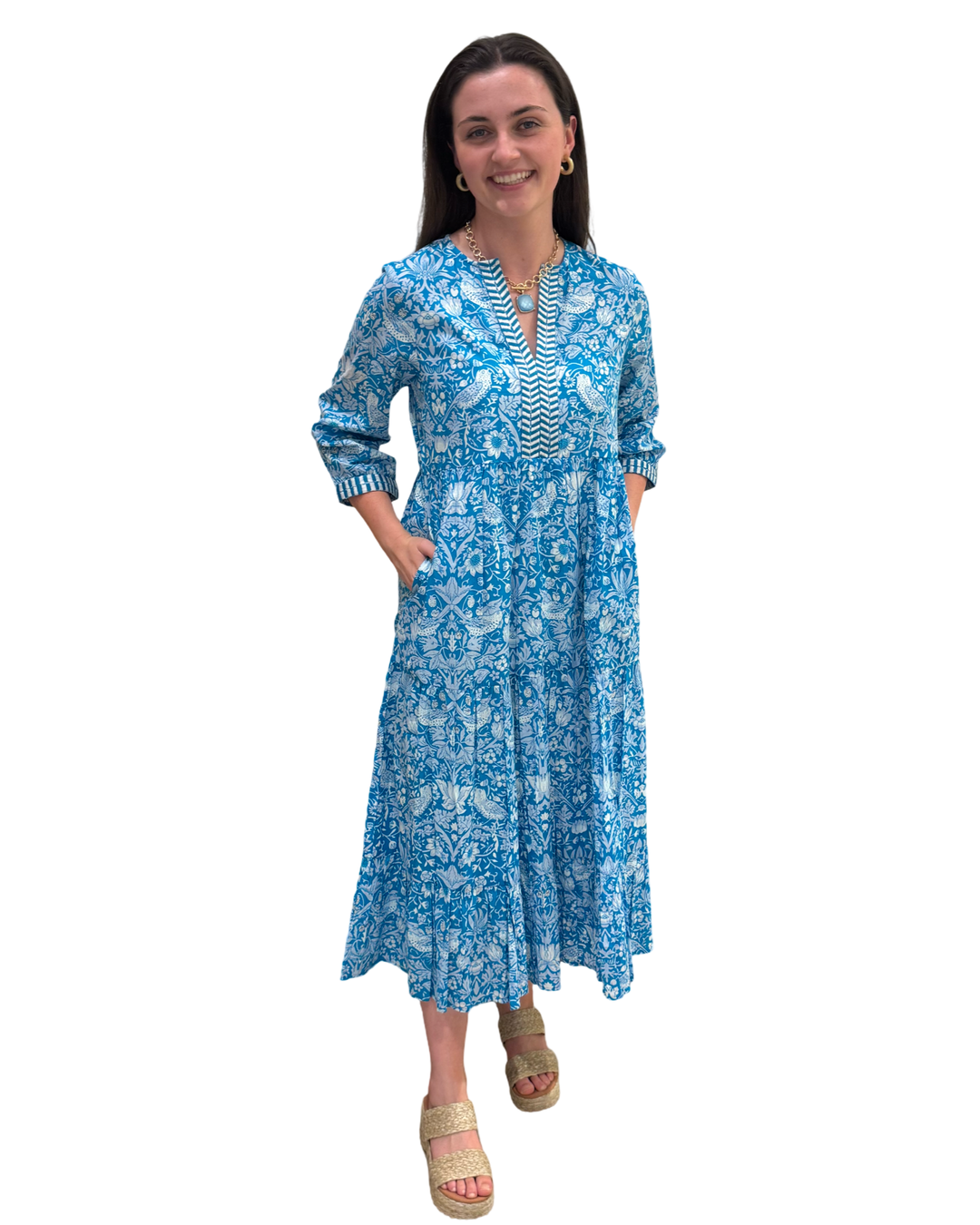 The Daniella Embroidered Trim Dress in Turquoise Hand Blocked Floral — view 3
