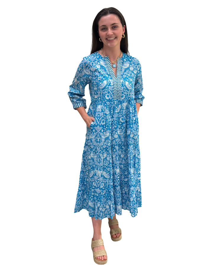 The Daniella Embroidered Trim Dress in Turquoise Hand Blocked Floral — view 3