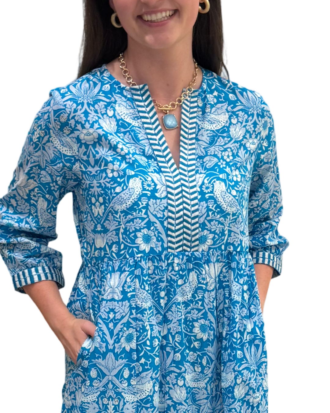 The Daniella Embroidered Trim Dress in Turquoise Hand Blocked Floral — view 2