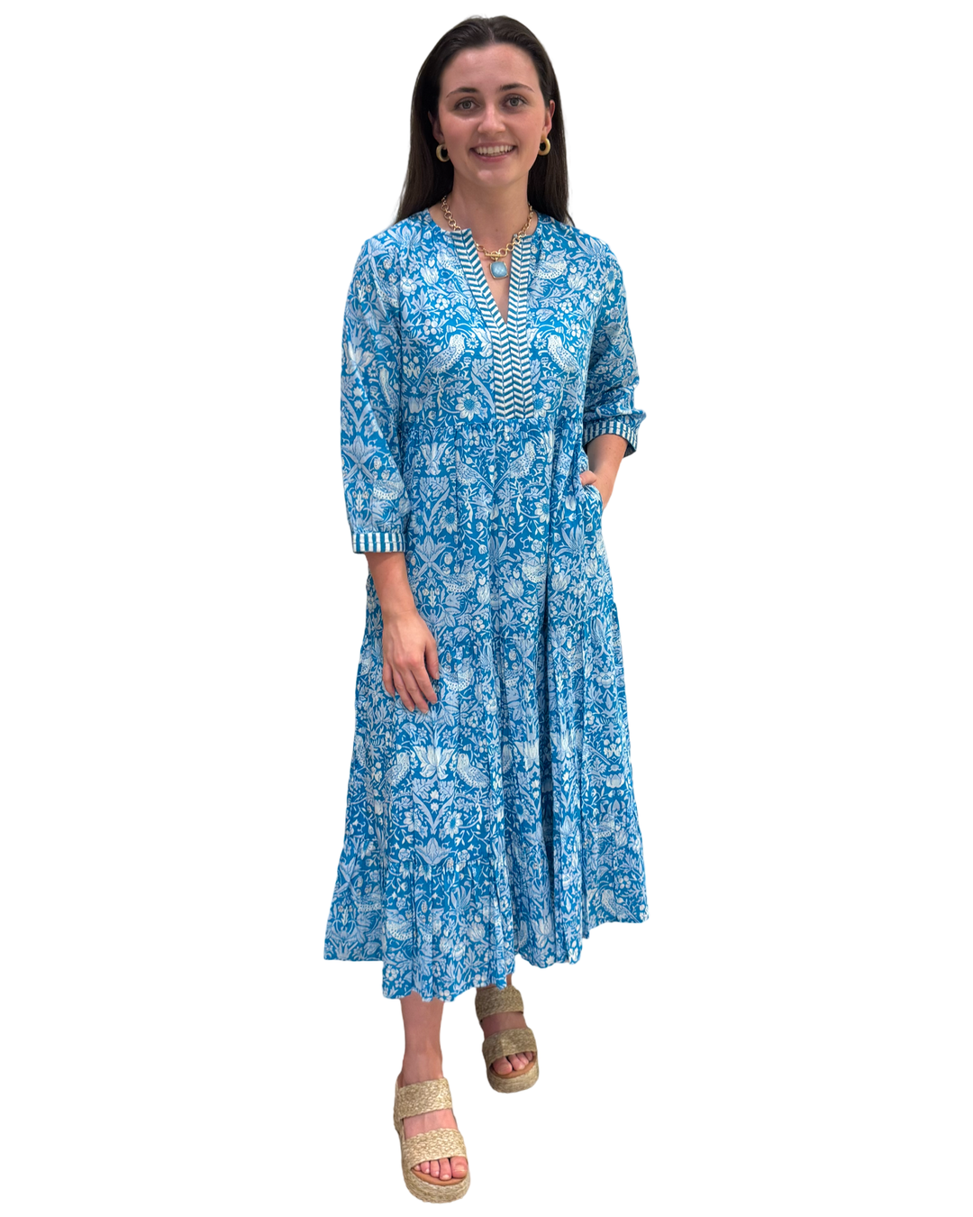 The Daniella Embroidered Trim Dress in Turquoise Hand Blocked Floral