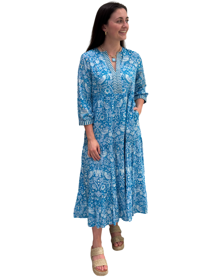 The Daniella Embroidered Trim Dress in Turquoise Hand Blocked Floral — view 4