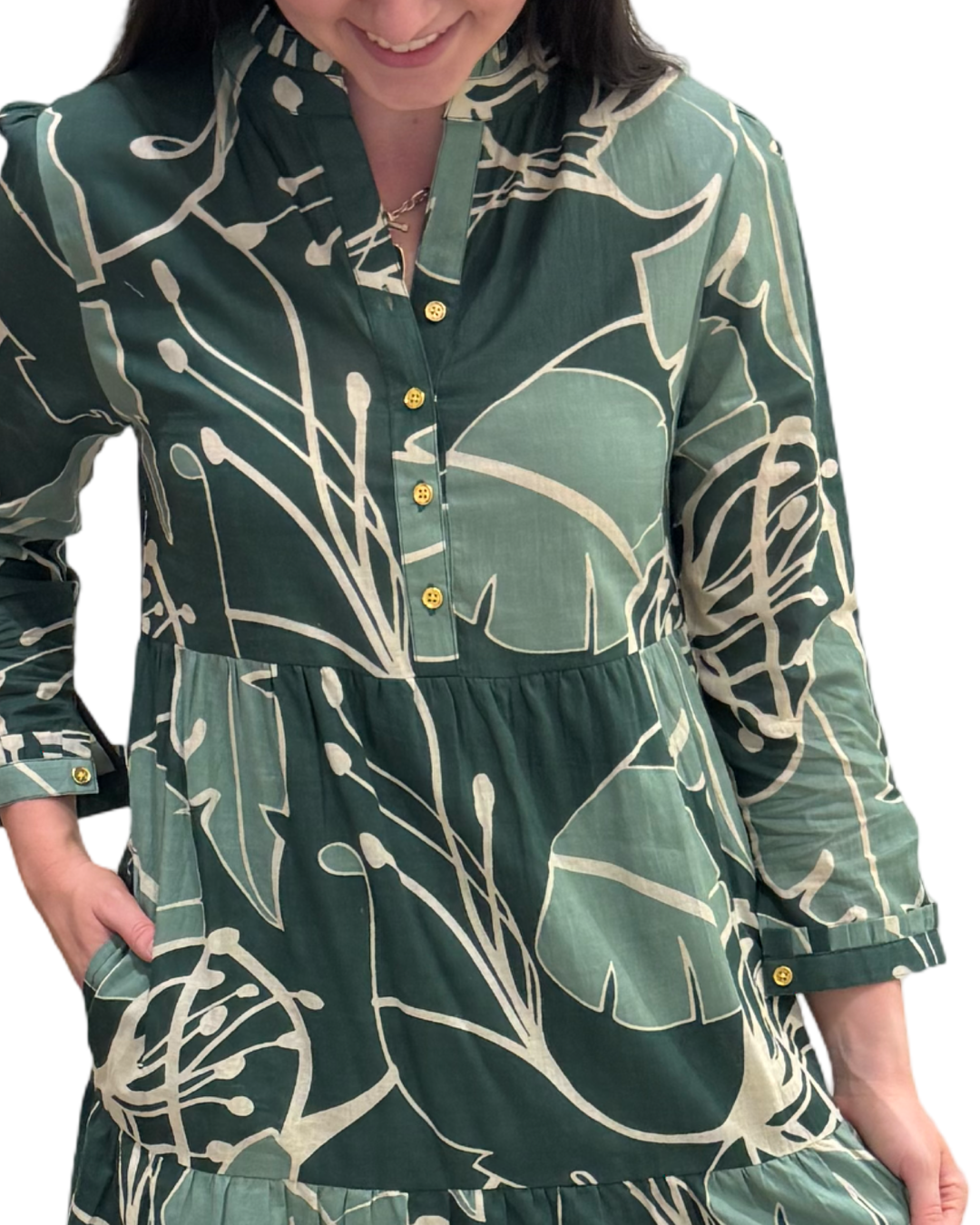 The Penny Long Length Cotton Dress in Tropical Green Abstract Cotton — view 3