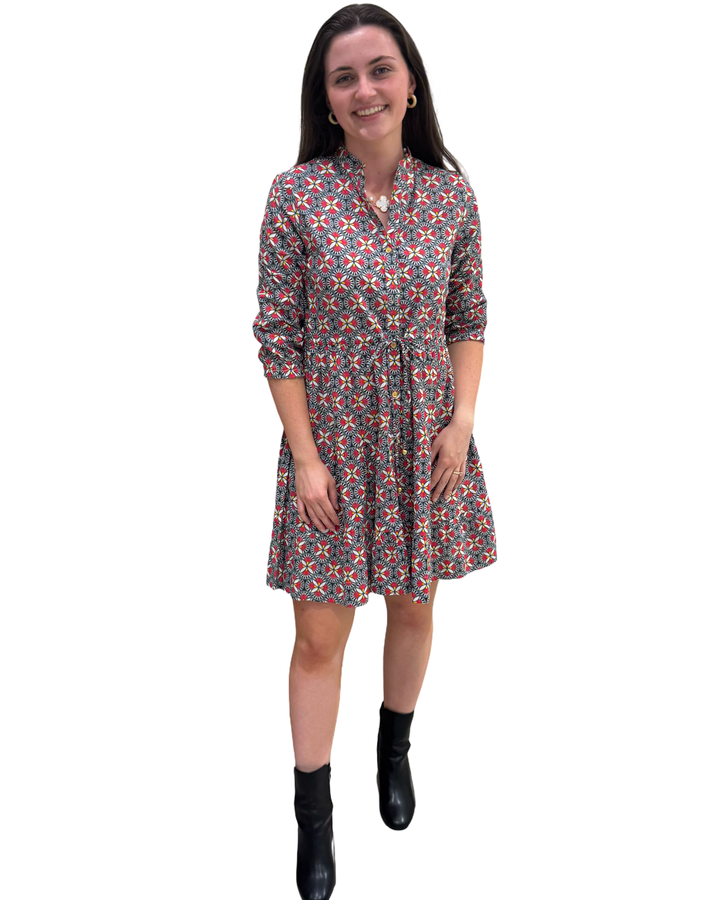 The Hamilton Tie Front Dress in Black and Red Pinwheel Print — view 2