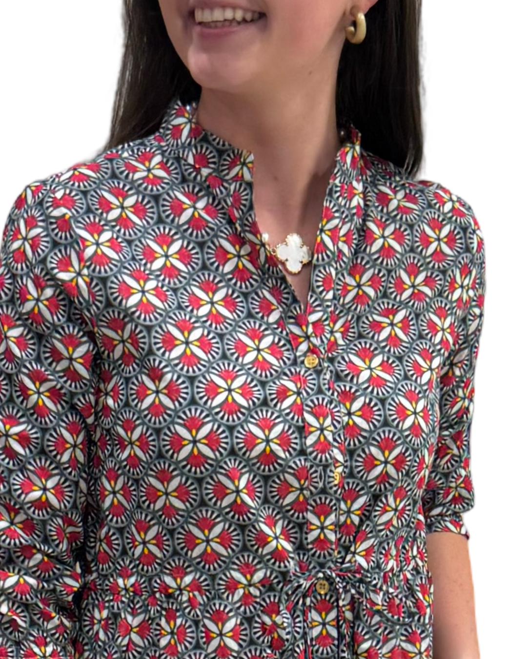 The Hamilton Tie Front Dress in Black and Red Pinwheel Print — view 3