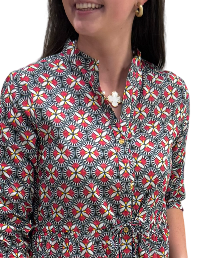 The Hamilton Tie Front Dress in Black and Red Pinwheel Print — view 3