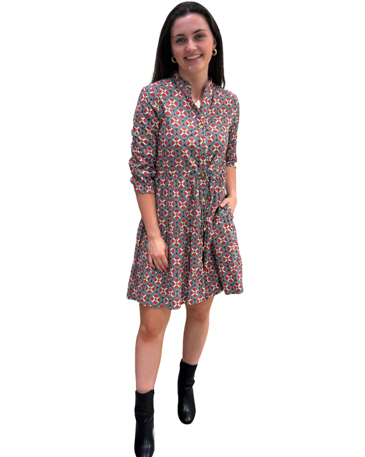 The Hamilton Tie Front Dress in Black and Red Pinwheel Print