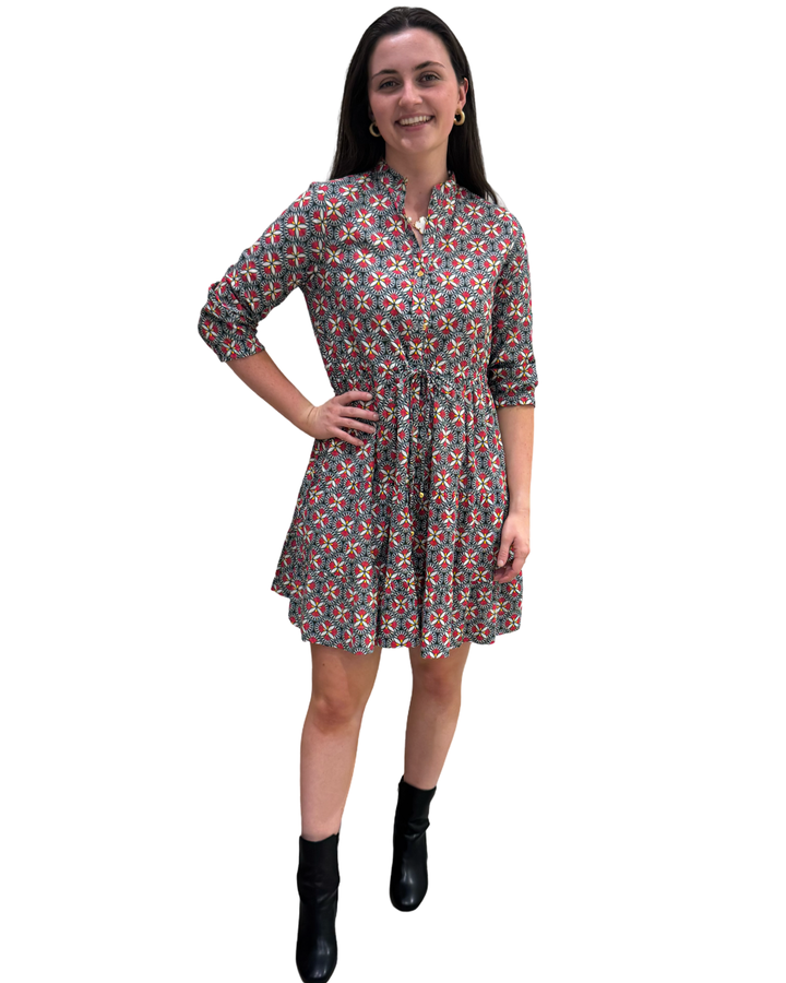 The Hamilton Tie Front Dress in Black and Red Pinwheel Print — view 5