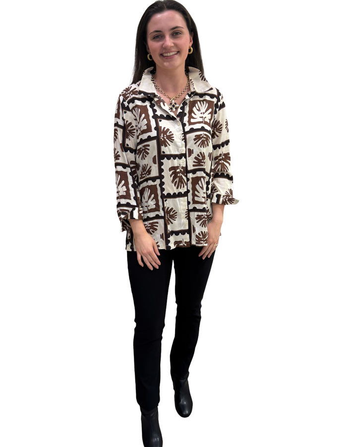 The Mason Button Back Top in Brown and Black Abstract Print — view 3