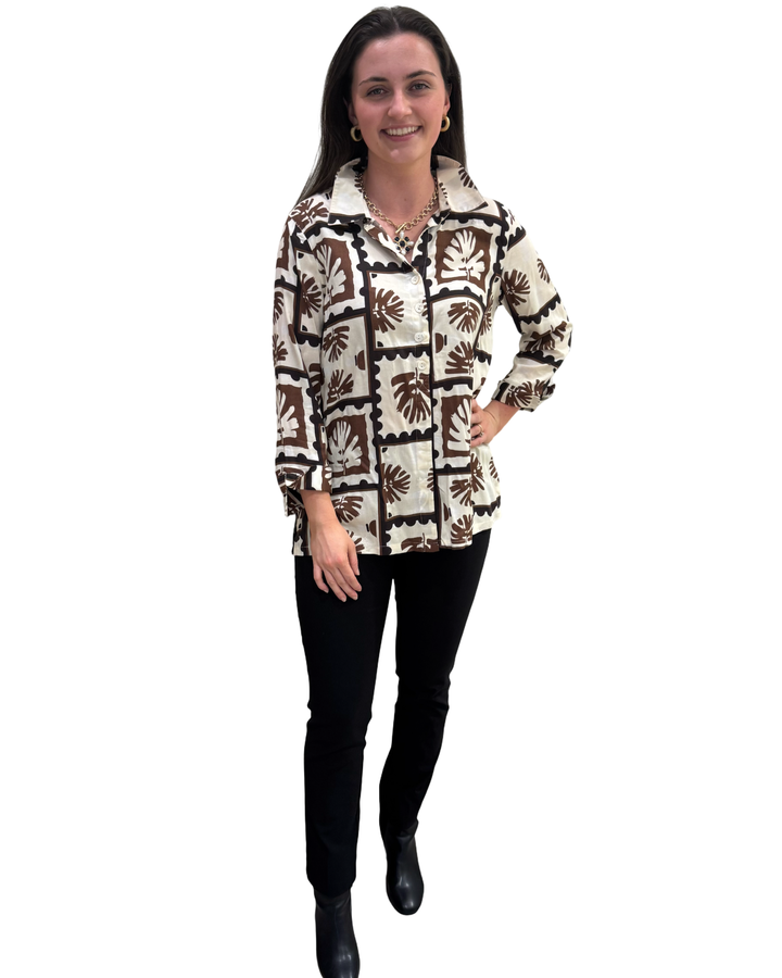 The Mason Button Back Top in Brown and Black Abstract Print — view 4
