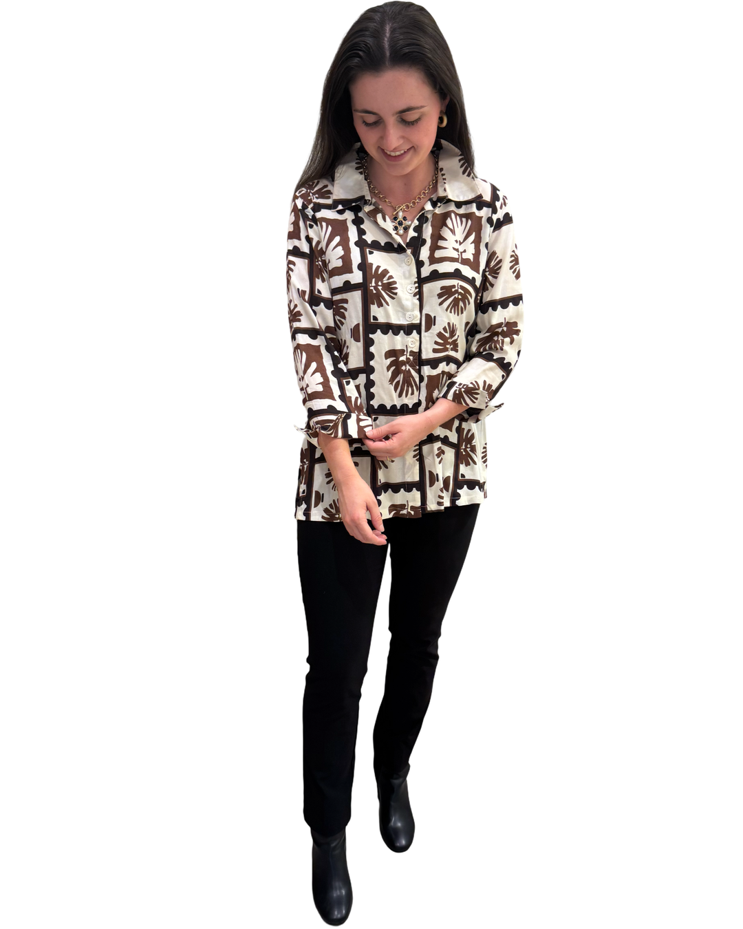 The Mason Button Back Top in Brown and Black Abstract Print — view 5